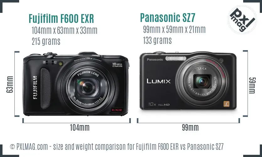 Fujifilm F600 EXR vs Panasonic SZ7 size comparison