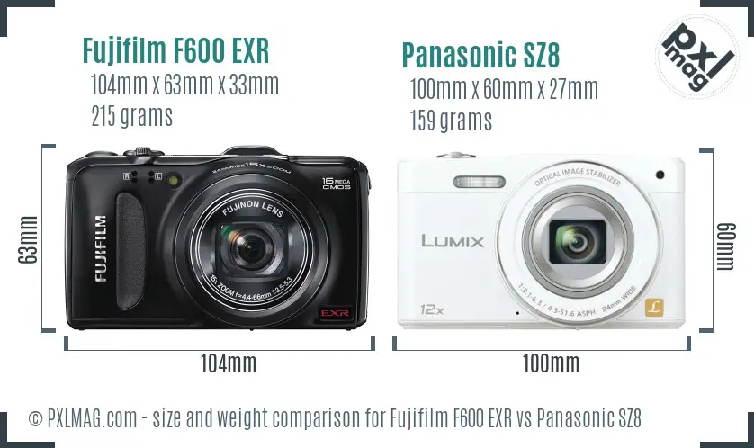 Fujifilm F600 EXR vs Panasonic SZ8 size comparison