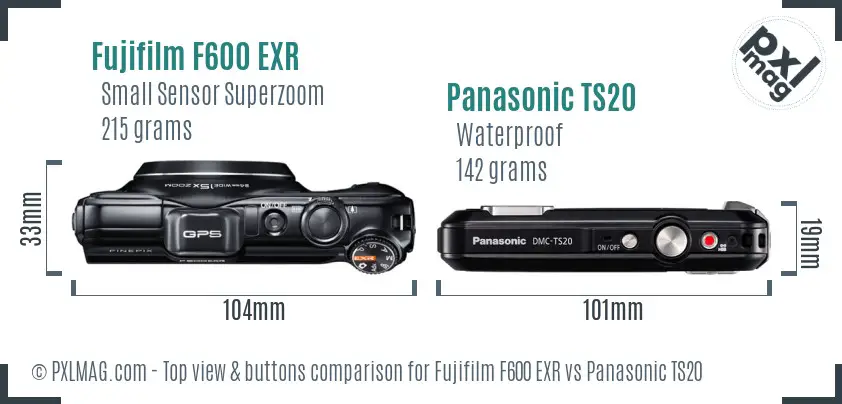 Fujifilm F600 EXR vs Panasonic TS20 top view buttons comparison