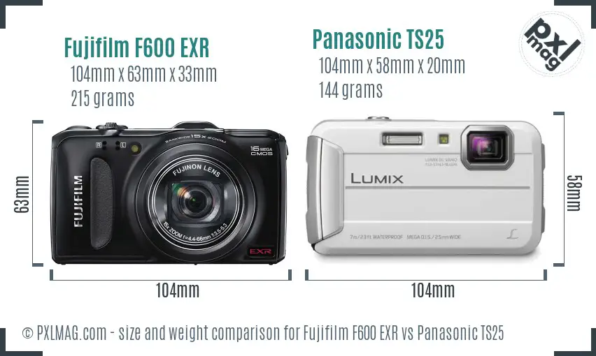 Fujifilm F600 EXR vs Panasonic TS25 size comparison