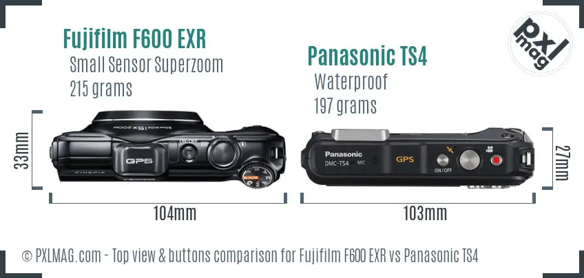 Fujifilm F600 EXR vs Panasonic TS4 top view buttons comparison Fujifilm F600 EXR vs Panasonic TS4 top view buttons comparison