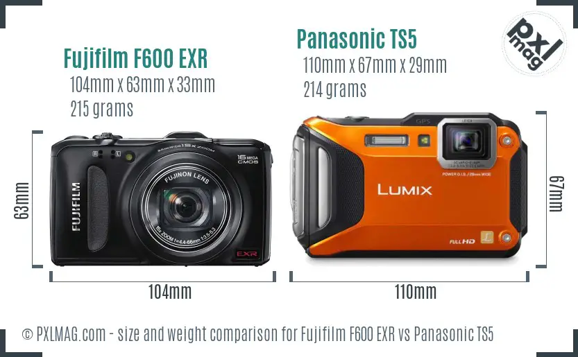 Fujifilm F600 EXR vs Panasonic TS5 size comparison