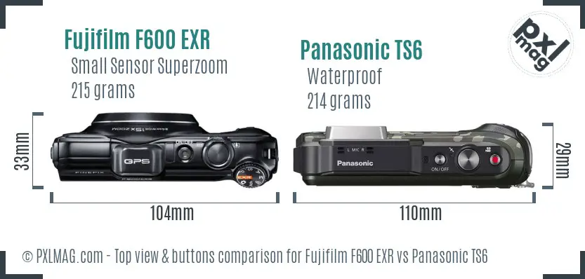 Fujifilm F600 EXR vs Panasonic TS6 top view buttons comparison Fujifilm F600 EXR vs Panasonic TS6 top view buttons comparison