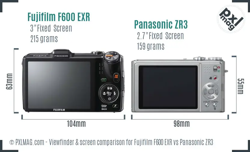 Fujifilm F600 EXR vs Panasonic ZR3 Screen and Viewfinder comparison