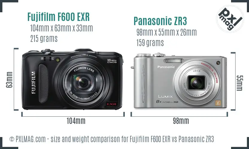 Fujifilm F600 EXR vs Panasonic ZR3 size comparison