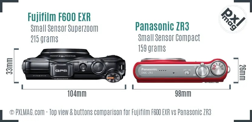 Fujifilm F600 EXR vs Panasonic ZR3 top view buttons comparison