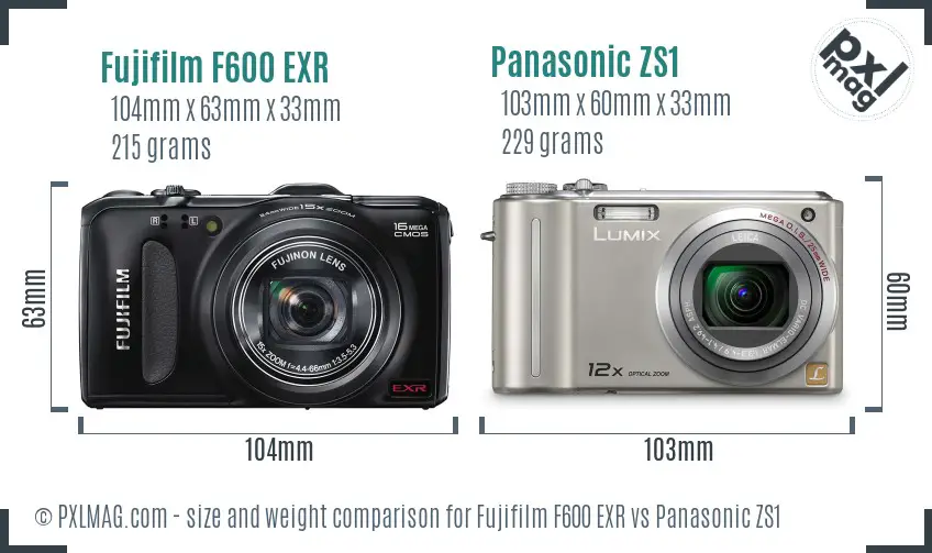 Fujifilm F600 EXR vs Panasonic ZS1 size comparison