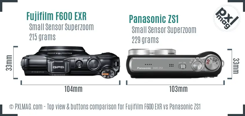 Fujifilm F600 EXR vs Panasonic ZS1 top view buttons comparison