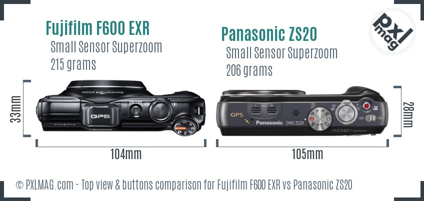 Fujifilm F600 EXR vs Panasonic ZS20 top view buttons comparison