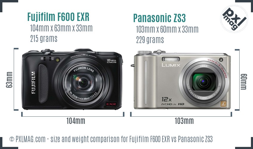 Fujifilm F600 EXR vs Panasonic ZS3 size comparison