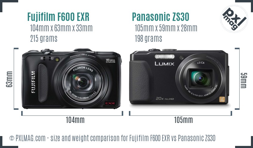 Fujifilm F600 EXR vs Panasonic ZS30 size comparison