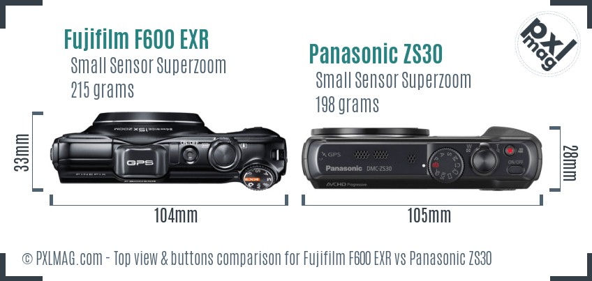 Fujifilm F600 EXR vs Panasonic ZS30 top view buttons comparison