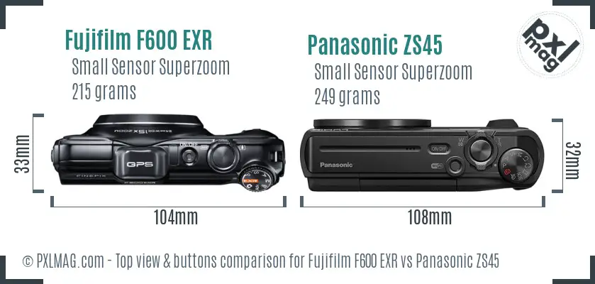 Fujifilm F600 EXR vs Panasonic ZS45 top view buttons comparison