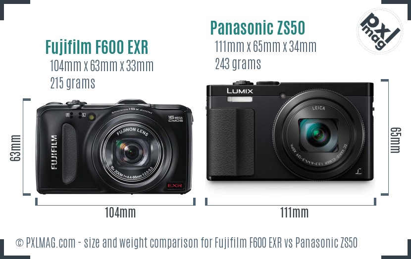 Fujifilm F600 EXR vs Panasonic ZS50 size comparison