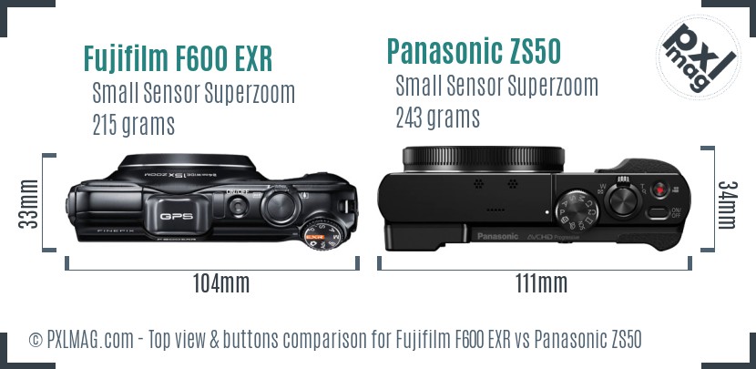 Fujifilm F600 EXR vs Panasonic ZS50 top view buttons comparison