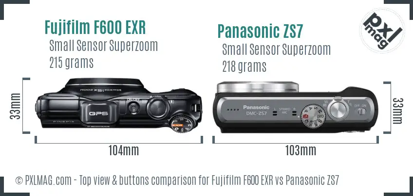Fujifilm F600 EXR vs Panasonic ZS7 top view buttons comparison