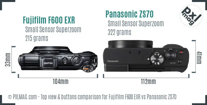 Fujifilm F600 EXR vs Panasonic ZS70 top view buttons comparison