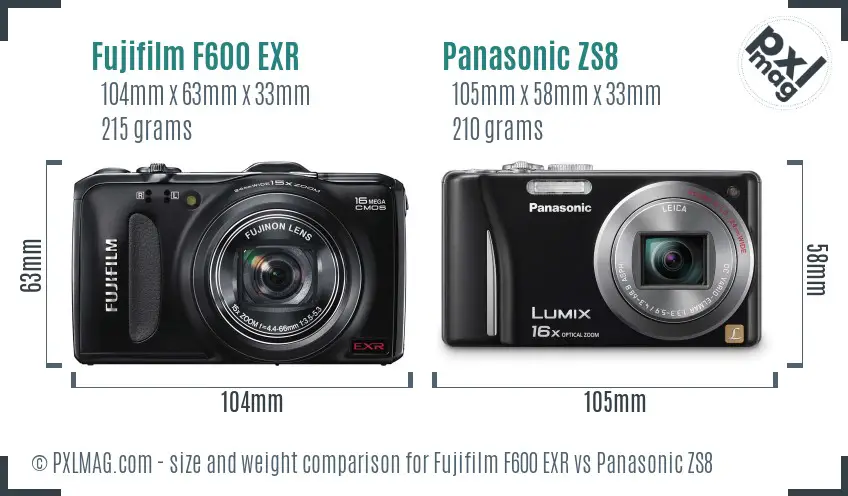 Fujifilm F600 EXR vs Panasonic ZS8 size comparison