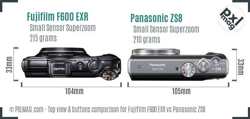 Fujifilm F600 EXR vs Panasonic ZS8 top view buttons comparison