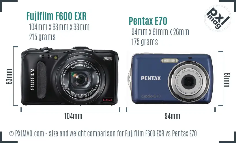 Fujifilm F600 EXR vs Pentax E70 size comparison