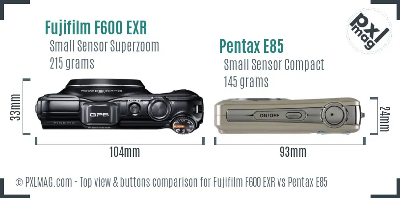 Fujifilm F600 EXR vs Pentax E85 top view buttons comparison