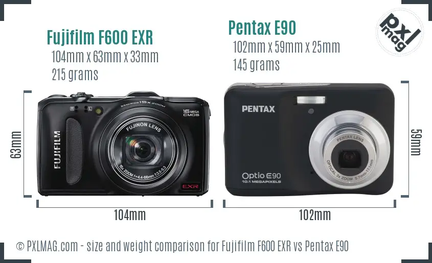 Fujifilm F600 EXR vs Pentax E90 size comparison