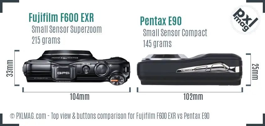 Fujifilm F600 EXR vs Pentax E90 top view buttons comparison