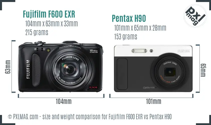 Fujifilm F600 EXR vs Pentax H90 size comparison