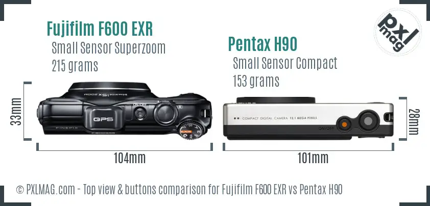 Fujifilm F600 EXR vs Pentax H90 top view buttons comparison