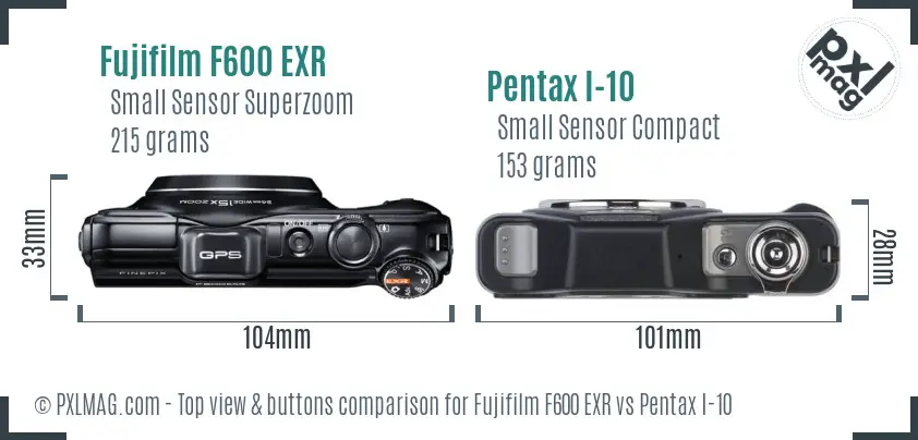 Fujifilm F600 EXR vs Pentax I-10 top view buttons comparison