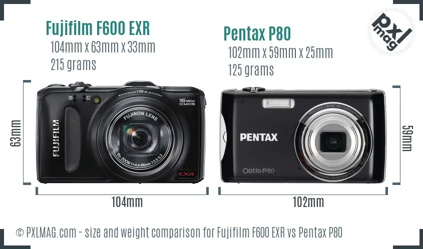 Fujifilm F600 EXR vs Pentax P80 size comparison