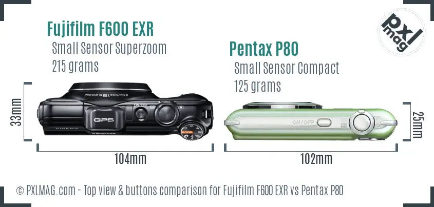 Fujifilm F600 EXR vs Pentax P80 top view buttons comparison