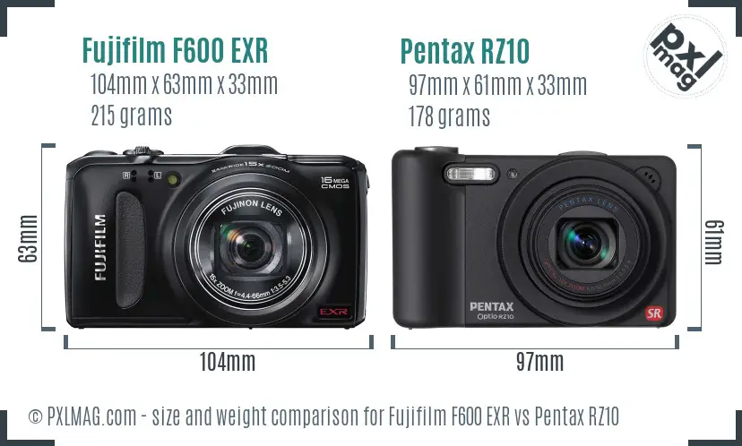 Fujifilm F600 EXR vs Pentax RZ10 size comparison Fujifilm F600 EXR vs Pentax RZ10 size comparison