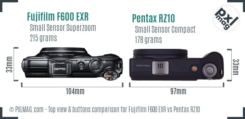 Fujifilm F600 EXR vs Pentax RZ10 top view buttons comparison Fujifilm F600 EXR vs Pentax RZ10 top view buttons comparison