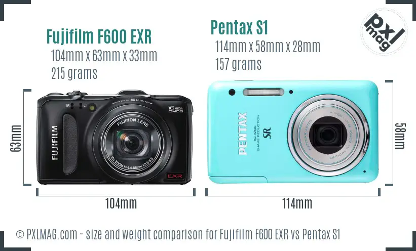 Fujifilm F600 EXR vs Pentax S1 size comparison