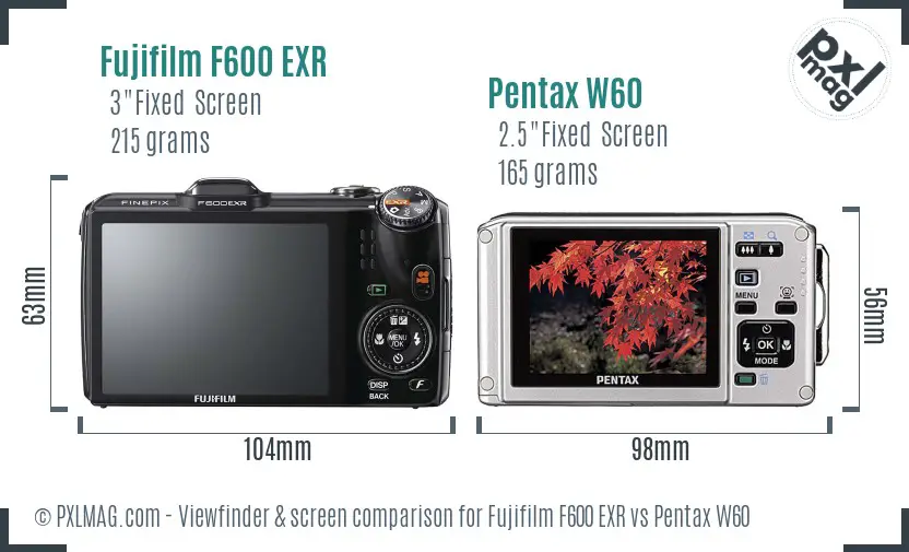 Fujifilm F600 EXR vs Pentax W60 Screen and Viewfinder comparison