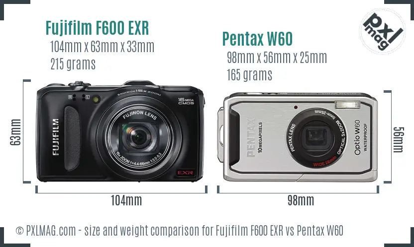 Fujifilm F600 EXR vs Pentax W60 size comparison