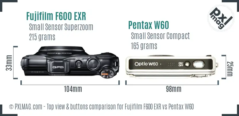 Fujifilm F600 EXR vs Pentax W60 top view buttons comparison