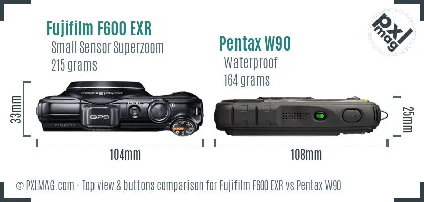 Fujifilm F600 EXR vs Pentax W90 top view buttons comparison Fujifilm F600 EXR vs Pentax W90 top view buttons comparison