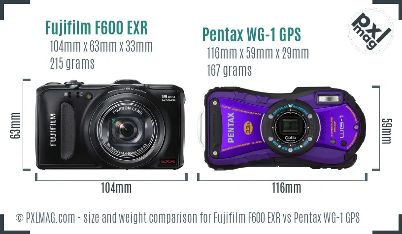 Fujifilm F600 EXR vs Pentax WG-1 GPS size comparison