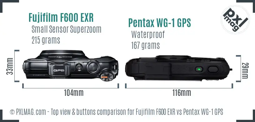 Fujifilm F600 EXR vs Pentax WG-1 GPS top view buttons comparison