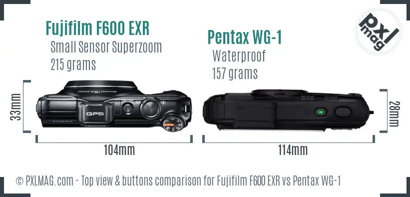 Fujifilm F600 EXR vs Pentax WG-1 top view buttons comparison