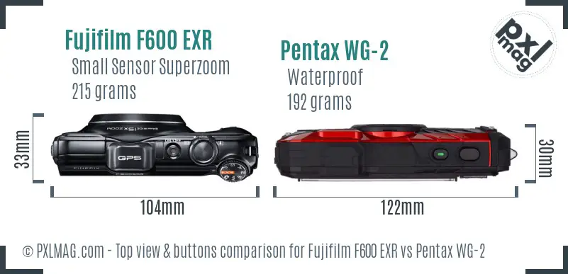 Fujifilm F600 EXR vs Pentax WG-2 top view buttons comparison Fujifilm F600 EXR vs Pentax WG-2 top view buttons comparison