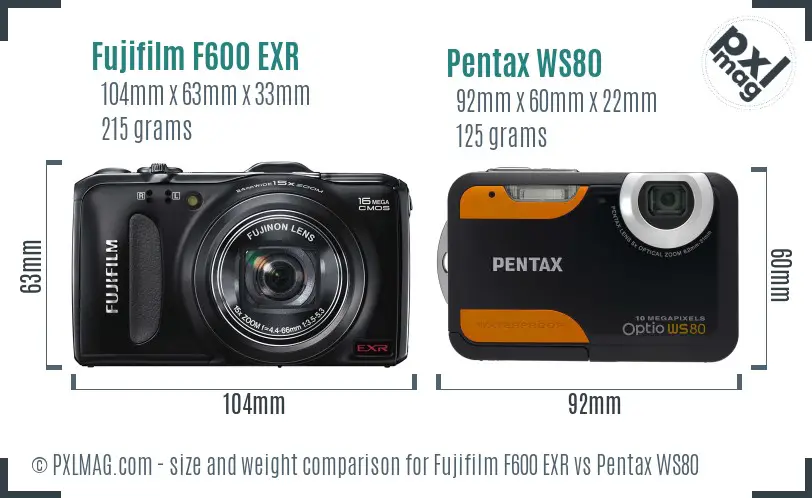 Fujifilm F600 EXR vs Pentax WS80 size comparison