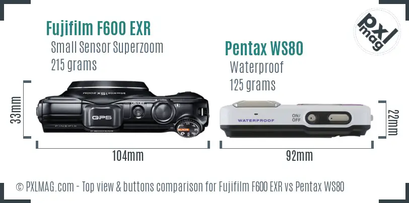 Fujifilm F600 EXR vs Pentax WS80 top view buttons comparison