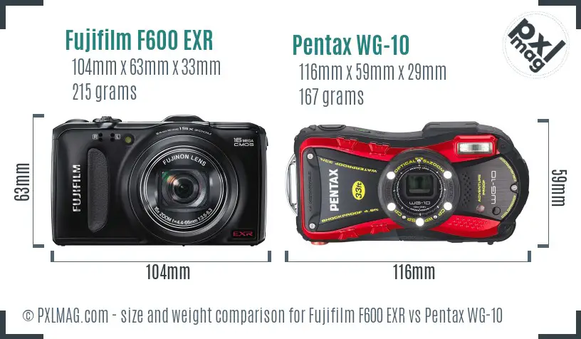 Fujifilm F600 EXR vs Pentax WG-10 size comparison