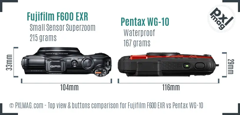 Fujifilm F600 EXR vs Pentax WG-10 top view buttons comparison