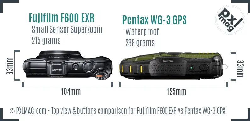 Fujifilm F600 EXR vs Pentax WG-3 GPS top view buttons comparison Fujifilm F600 EXR vs Pentax WG-3 GPS top view buttons comparison