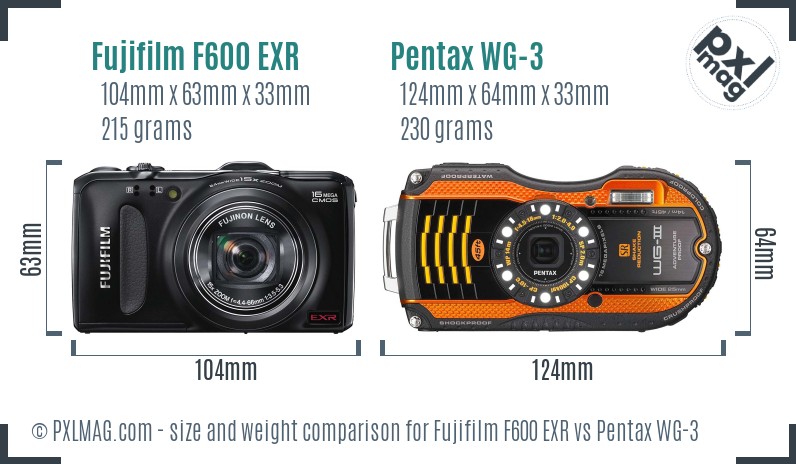 Fujifilm F600 EXR vs Pentax WG-3 size comparison