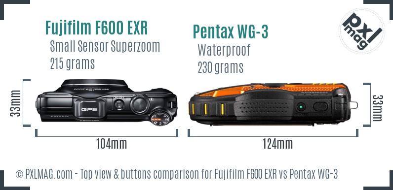 Fujifilm F600 EXR vs Pentax WG-3 top view buttons comparison